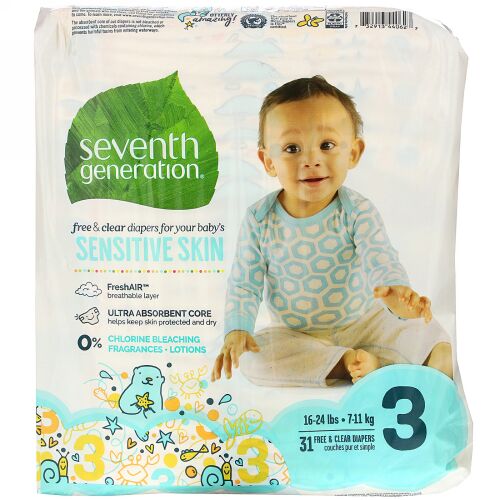 Seventh Generation, Free & Clear Diapers, Size 3, 16-24 lbs, 31 Diapers (Discontinued Item)