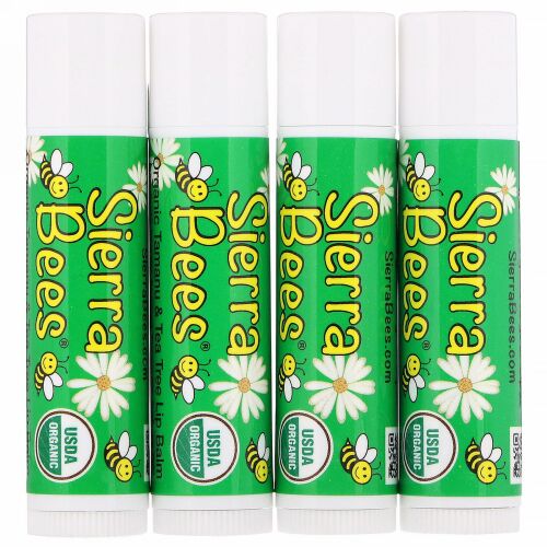 Sierra Bees, オーガニックリップバーム、タマヌとティーツリー、4パック、各.15 oz (4.25 g)  (Discontinued Item)
