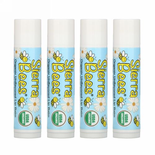 Sierra Bees, オーガニックリップバーム、風味なし、4パック、各.15 oz (4.25 g)