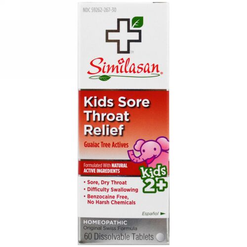 Similasan, Kids Sore Throat Relief, Guaiac Tree Actives, Kids 2+, 60 Dissolvable Tablets
