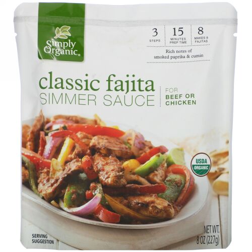Simply Organic, オーガニック・シマー（煮込み）ソース、クラシックファヒータ、ビーフまたはチキン用、8 オンス (227 g)