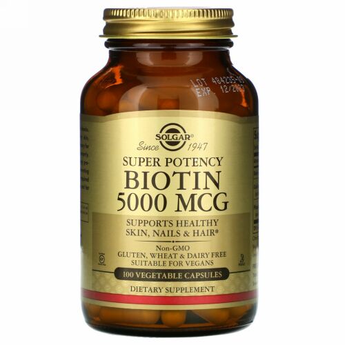 Solgar, ビオチン、5,000mcg、植物性カプセル100粒