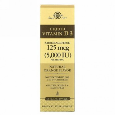 Solgar, Liquid Vitamin D3, Natural Orange Flavor, 125 mcg (5,000 IU), 2 fl oz (59 ml)