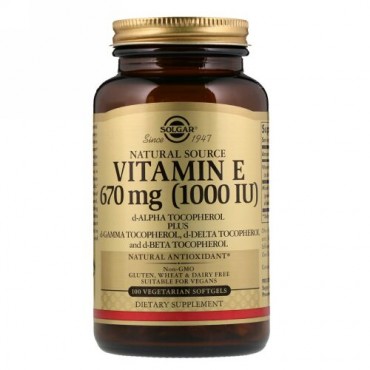 Solgar, ナチュラリーソースドビタミンE、670mcg（1,000IU）、ソフトジェル100粒