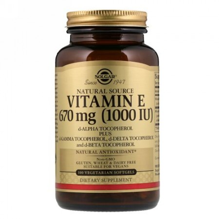 Solgar, ナチュラリーソースドビタミンE、670mcg（1,000IU）、ソフトジェル100粒
