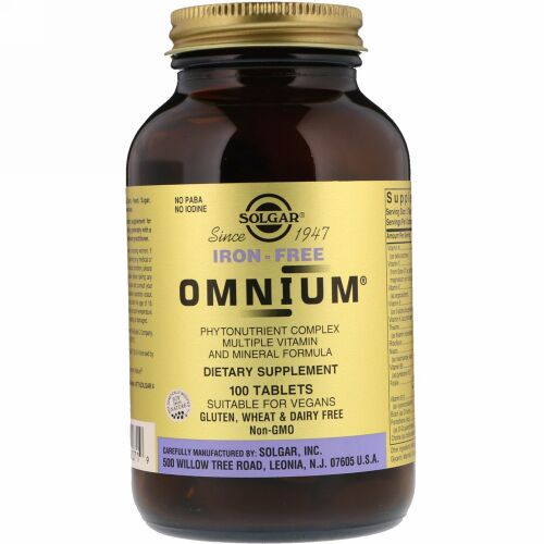 Solgar, Omnium®（オムニウム）、マルチビタミン & ミネラル フォーミュラ、鉄不使用、100 錠