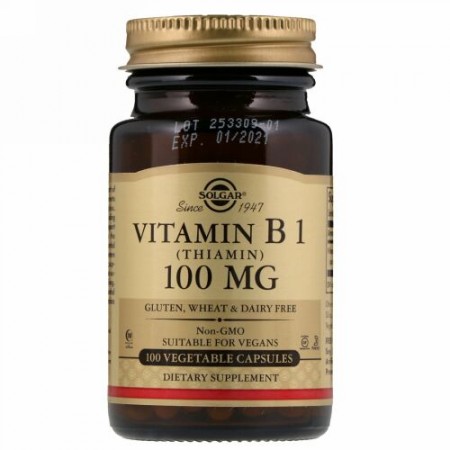 Solgar, ビタミンB1、100mg、植物性カプセル100個