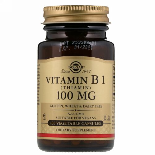 Solgar, ビタミンB1、100mg、植物性カプセル100個