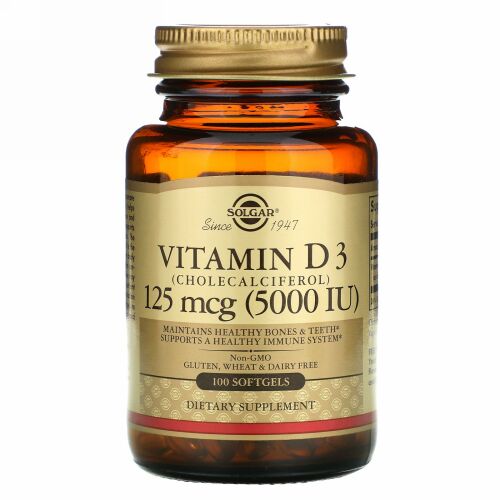 Solgar, ビタミンD3（コレカルシフェロール）、125mcg（5,000UI）、ソフトジェル100粒