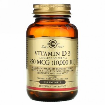Solgar, ビタミンD3（コレカルシフェロール）、250mcg（10,000UI）、ソフトジェル120粒