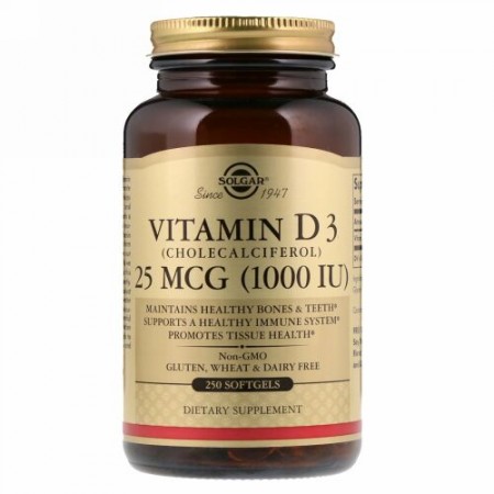 Solgar, ビタミンD3（コレカルシフェロール）、25mcg（1,000IU）、ソフトジェル250粒