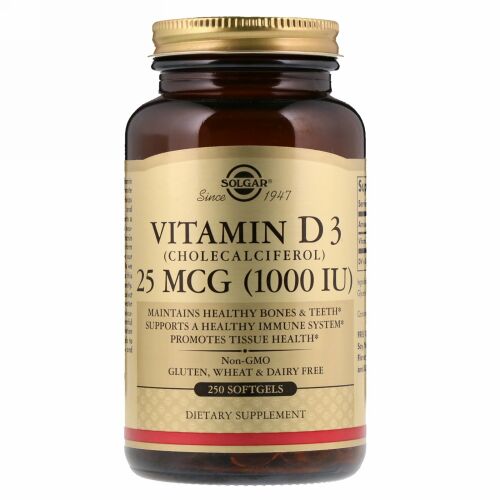 Solgar, ビタミンD3（コレカルシフェロール）、25mcg（1,000IU）、ソフトジェル250粒