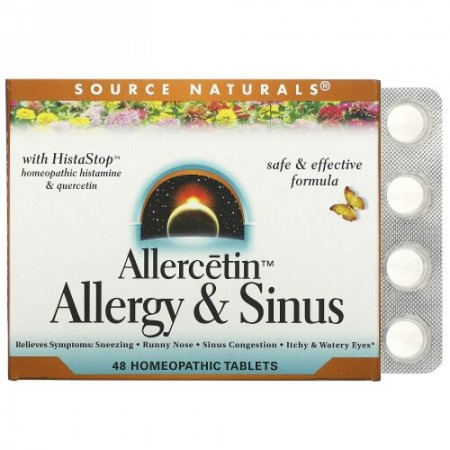 Source Naturals, アラーセチン、アレルギー及び蓄膿、ホメオパシー薬剤 48粒