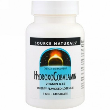 Source Naturals, ヒドロキソコバラミン, ビタミンB-12, チェリーフレーバー薬用キャンディー, 1 mg , 240錠