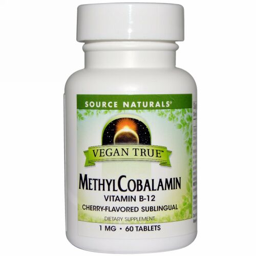 Source Naturals, ビーガントゥルー、メチルコバラミン、チェリー味、1 mg、舌下タブレット60粒