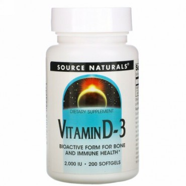 Source Naturals, ビタミンD-3、2000 IU、200ソフトジェル
