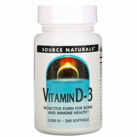 Source Naturals, ビタミンD-3、2000 IU、200ソフトジェル