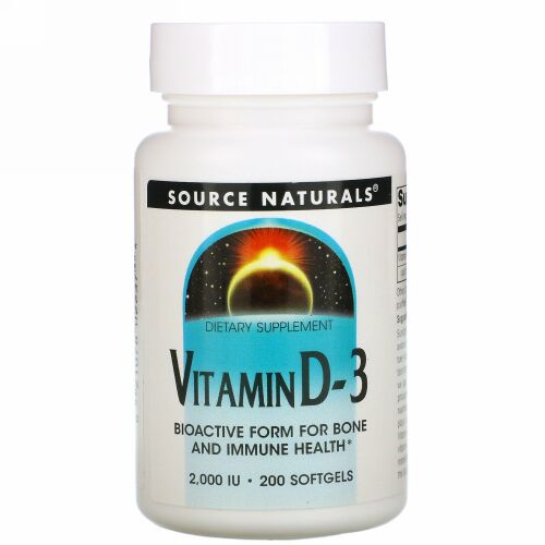 Source Naturals, ビタミンD-3、2000 IU、200ソフトジェル
