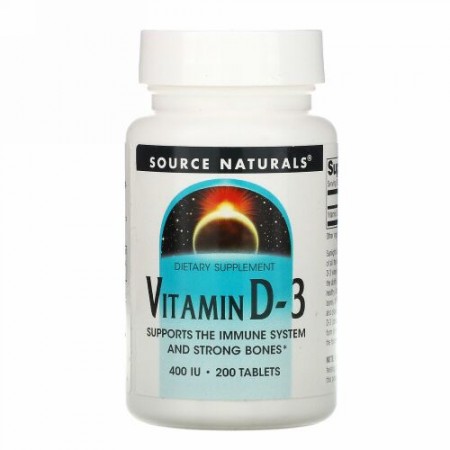 Source Naturals, ビタミンD-3, 400 IU, 200錠