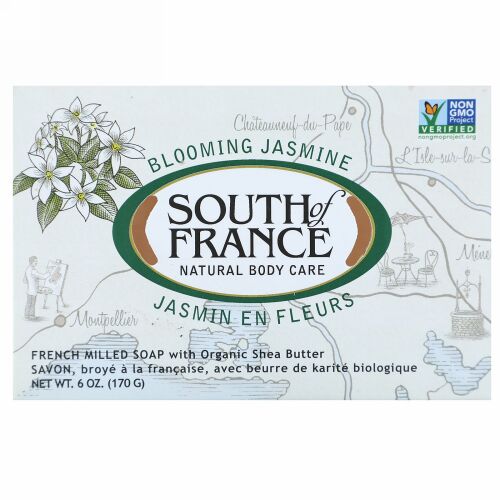 South of France, ブルーミングジャスミン, フレンチ・ミルド・オーバルソープ オーガニックシアバター配合, 6 オンス (170 g)