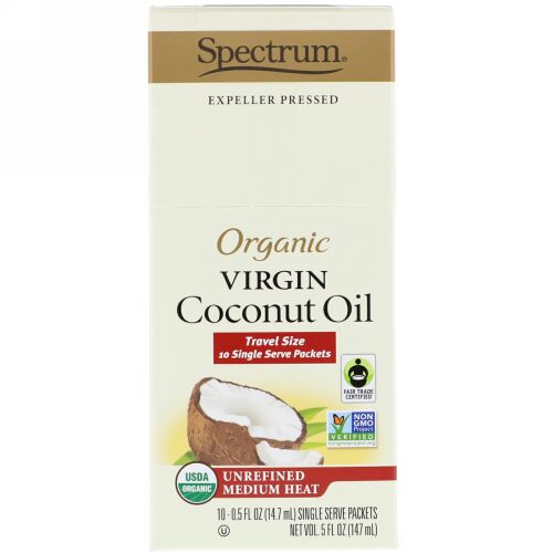 Spectrum Culinary, オーガニックヴァージンココナッツオイル、未精製ミディアムヒート、10回分パケット、各0.5液量オンス (14.7 ml) (Discontinued Item)