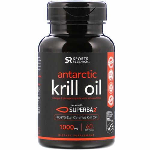 Sports Research, 南極オキアミオイル、アスタキサンチン配合、1,000mg、ソフトジェル60粒
