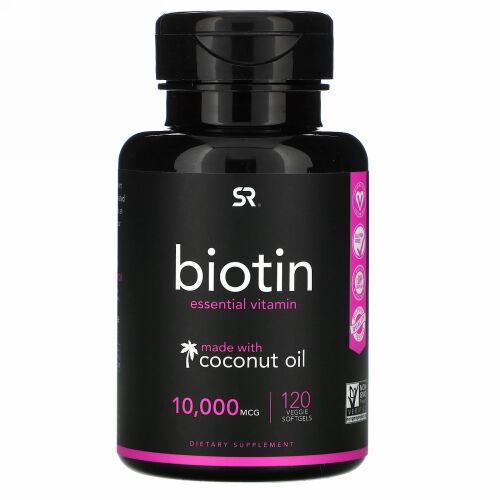 Sports Research, ココナッツオイル配合ビオチン、10,000 mcg、植物性ソフトジェル120粒