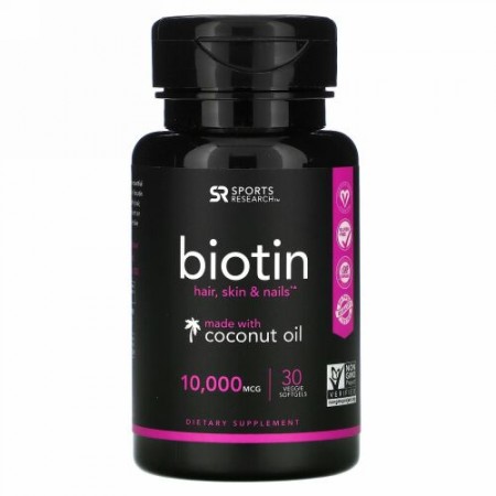 Sports Research, ココナッツオイル配合ビオチン、10,000mcg、植物性ソフトジェル30粒