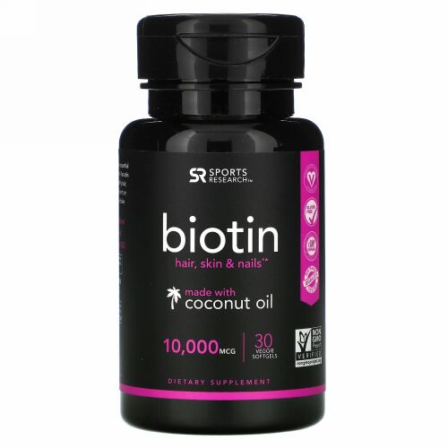 Sports Research, ココナッツオイル配合ビオチン、10,000mcg、植物性ソフトジェル30粒