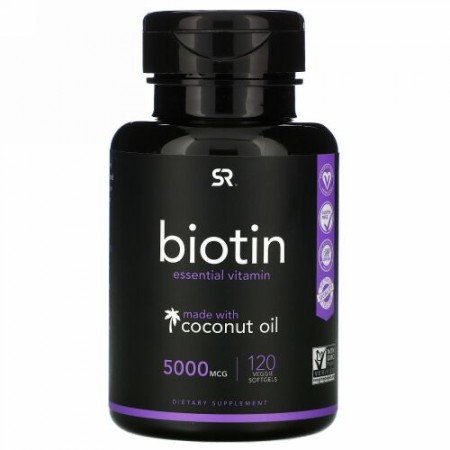 Sports Research, ココナッツオイル配合ビオチン、5,000mcg、ベジソフトジェル120粒