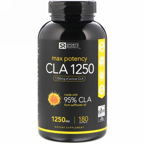 Sports Research, CLA 1250、強力なサポート力、1250mg、ソフトジェル180粒