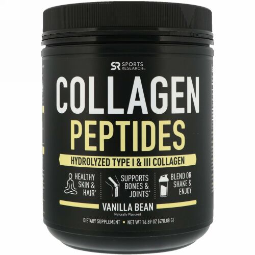 Sports Research, コラーゲンペプチド、加水分解済みI & III型コラーゲン、バニラビーンズ、478.88g（16.89 oz）
