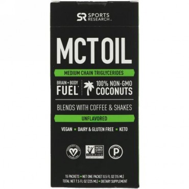 Sports Research, MCTオイル、味付けなし、15パケット、7.5 fl oz (225 ml) (Discontinued Item)
