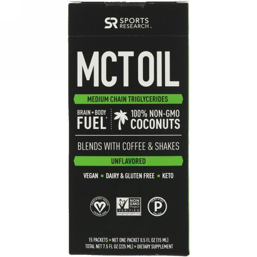 Sports Research, MCTオイル、味付けなし、15パケット、7.5 fl oz (225 ml) (Discontinued Item)