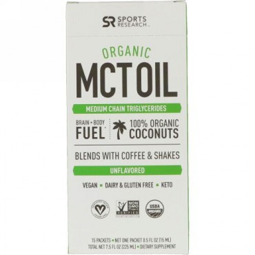 Sports Research, オーガニックMCTオイル、味付けなし、15パケット、各0.5液量オンス (15 ml) (Discontinued Item)