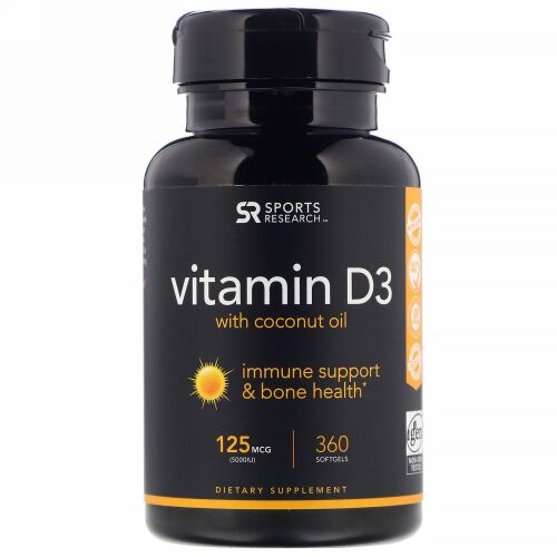 Sports Research, ココナッツオイル入りビタミンD3、125mcg（5,000IU）、ソフトジェル360粒