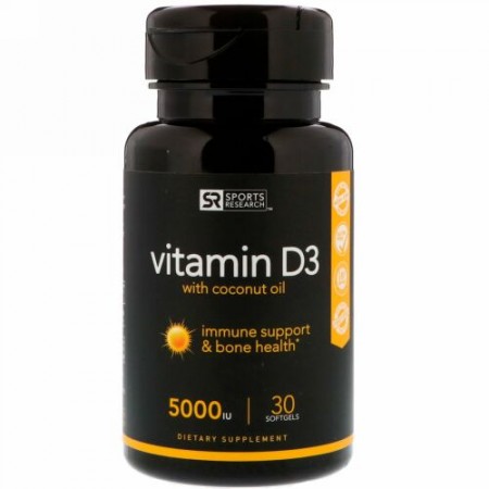Sports Research, ココナッツオイル入りビタミンD3、125mcg（5000IU）、ソフトジェル30粒