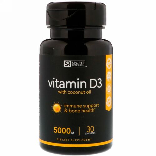 Sports Research, ココナッツオイル入りビタミンD3、125mcg（5000IU）、ソフトジェル30粒