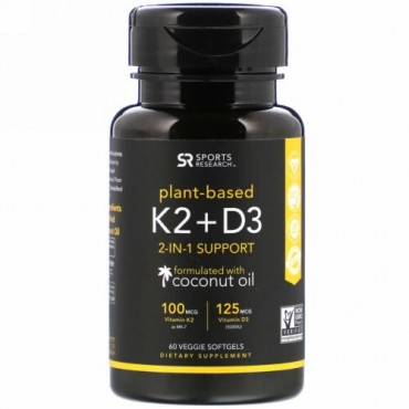 Sports Research, ビタミンK2＋D3、100mcg／125mcg、植物性ソフトジェル60粒