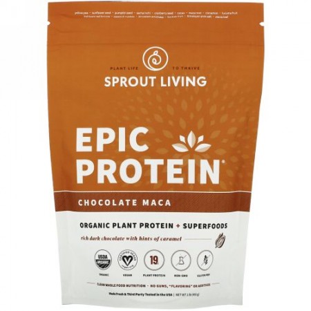 Sprout Living, Epic Protein, Organic Plant Protein + Superfoods, Chocolate Maca, 1 lb (455 g)