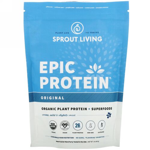 Sprout Living, Epic Protein（エピックプロテイン）、オーガニックプラントプロテイン＋スーパーフード、オリジナル（無香料）、455g（1ポンド）
