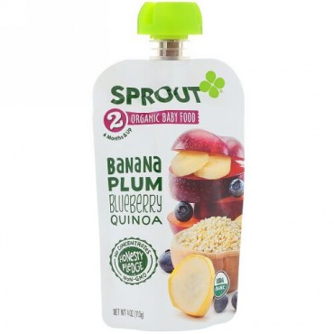 Sprout Organic, ベビーフード、ステージ2、バナナ、スモモ、ブルーベリー、キヌア、4 oz (113 g) (Discontinued Item)