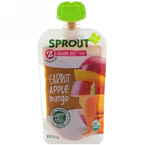 Sprout Organic, ベビーフード、ステージ2、キャロット、アップル、マンゴー、4 oz (113 g) (Discontinued Item)