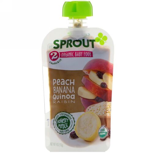 Sprout Organic, ベビーフード、ステージ2、ピーチ、バナナ、キヌア、レーズン、4 oz (113 g) (Discontinued Item)