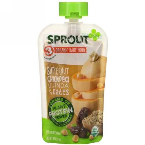 Sprout Organic, ベビーフード、ステージ3、バターナットヒヨコ豆、キヌア&デーツ、4 oz (113 g)