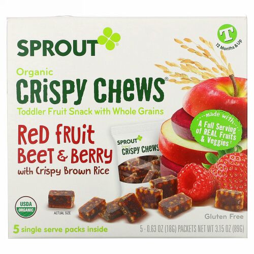 Sprout Organic, Crispy Chews, 12 Months & Up, Red Fruit Beet & Berry with Crispy Brown Rice, 5 Packets, 0.63 oz (18 g) Each