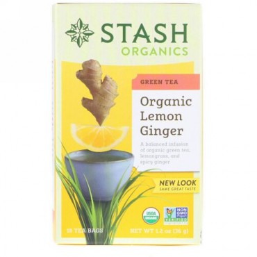 Stash Tea, Green Tea, Organic Lemon Ginger, 18 Tea Bags, 1.2 oz (36 g) (Discontinued Item)