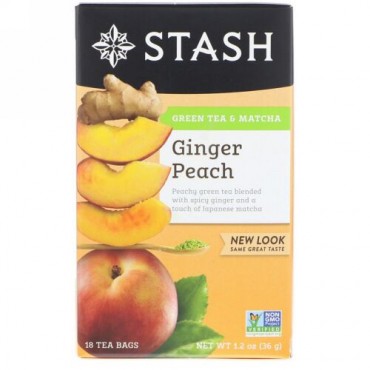 Stash Tea, Green Tea & Matcha, Ginger Peach, 18 Tea Bags, 1.2 oz (36 g) (Discontinued Item)
