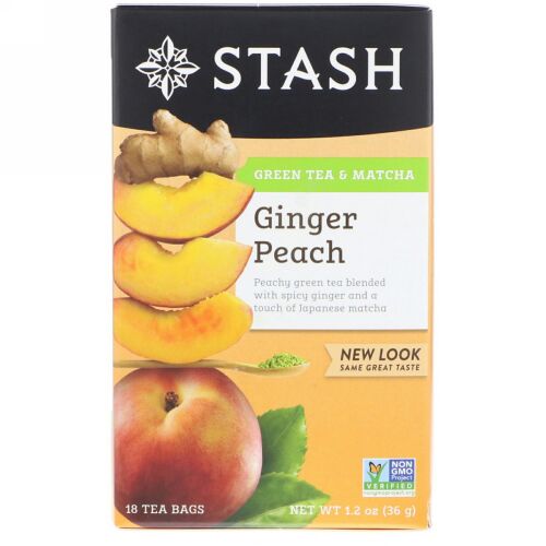 Stash Tea, Green Tea & Matcha, Ginger Peach, 18 Tea Bags, 1.2 oz (36 g) (Discontinued Item)