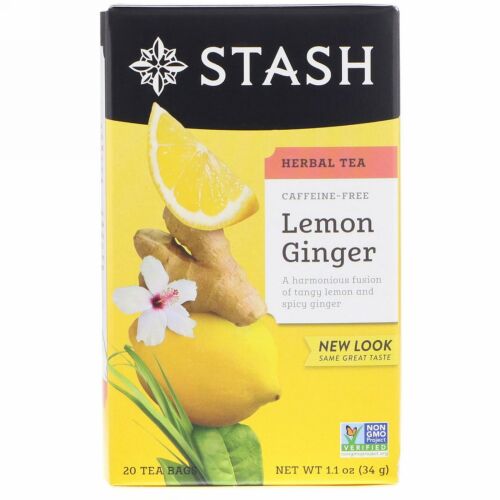 Stash Tea, ハーブティー、レモンジンジャー、カフェインフリー、ティーバッグ20包、34g（1.1オンス）